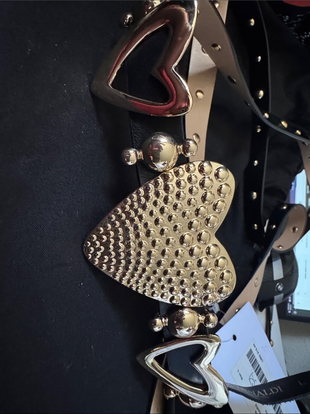 Marina Rinaldi Black Studded Leather Belt-suspenders Heart buckle Gold hardwar - Picture 6 of 9